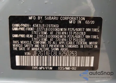 2020 Subaru Crosstrek Premium z USA, uszkodzony, nr VIN JF2GTAEC8LH250253